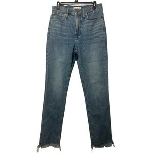Blue Straight Leg Jeans with Frayed Hem